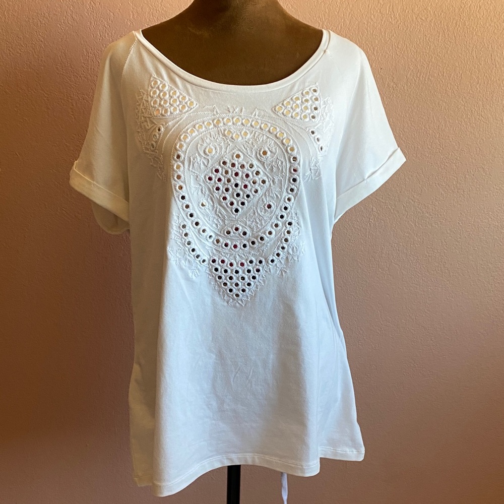 BY CHICOS Eyelet Embroidered Scoop-Neck Tee - White, 95% Cotton
